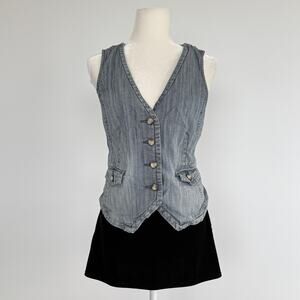 Eddie Bauer Vest Womens Medium Blue Denim Button Front Buckle Back Pockets